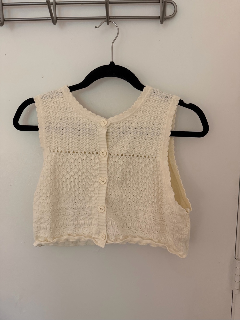 Crochet Knit Cream Button-Front Crop Vest Top